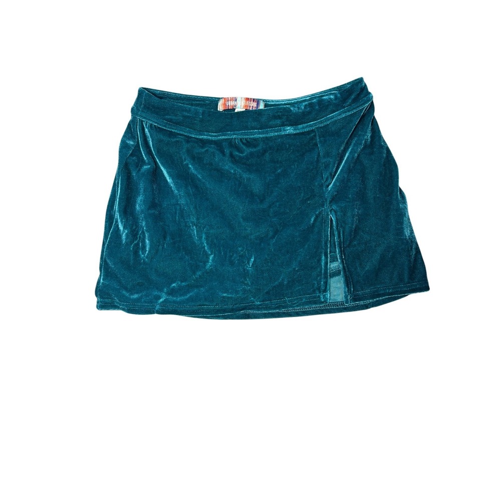 Urban Outfitters Teal Velvet Mini Skort XS Green Blue Slit Front Built-in Shorts